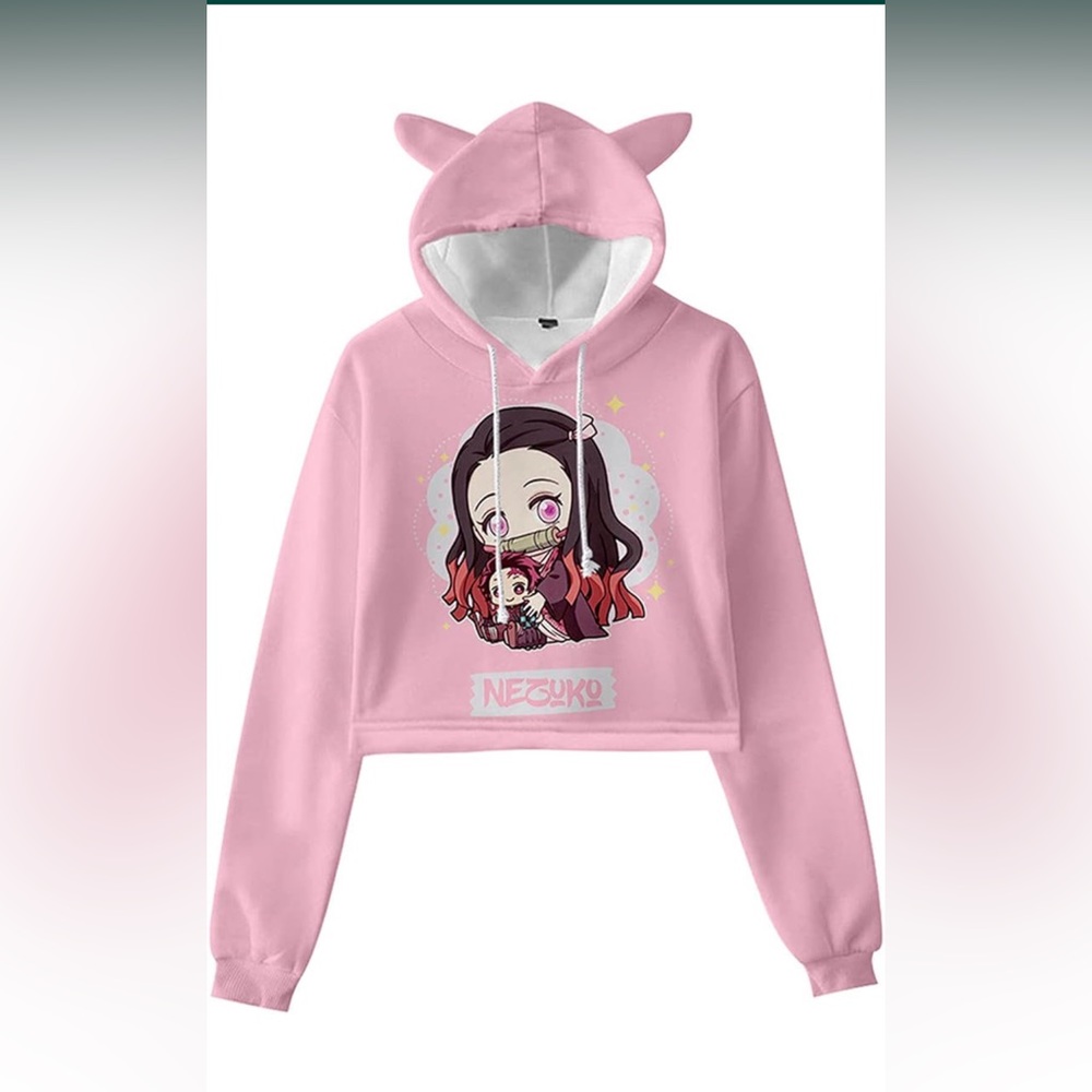Demon Slayer Nezuko Women Crop Hoodie ears Pink Anime XS Small Sweater AMOMA